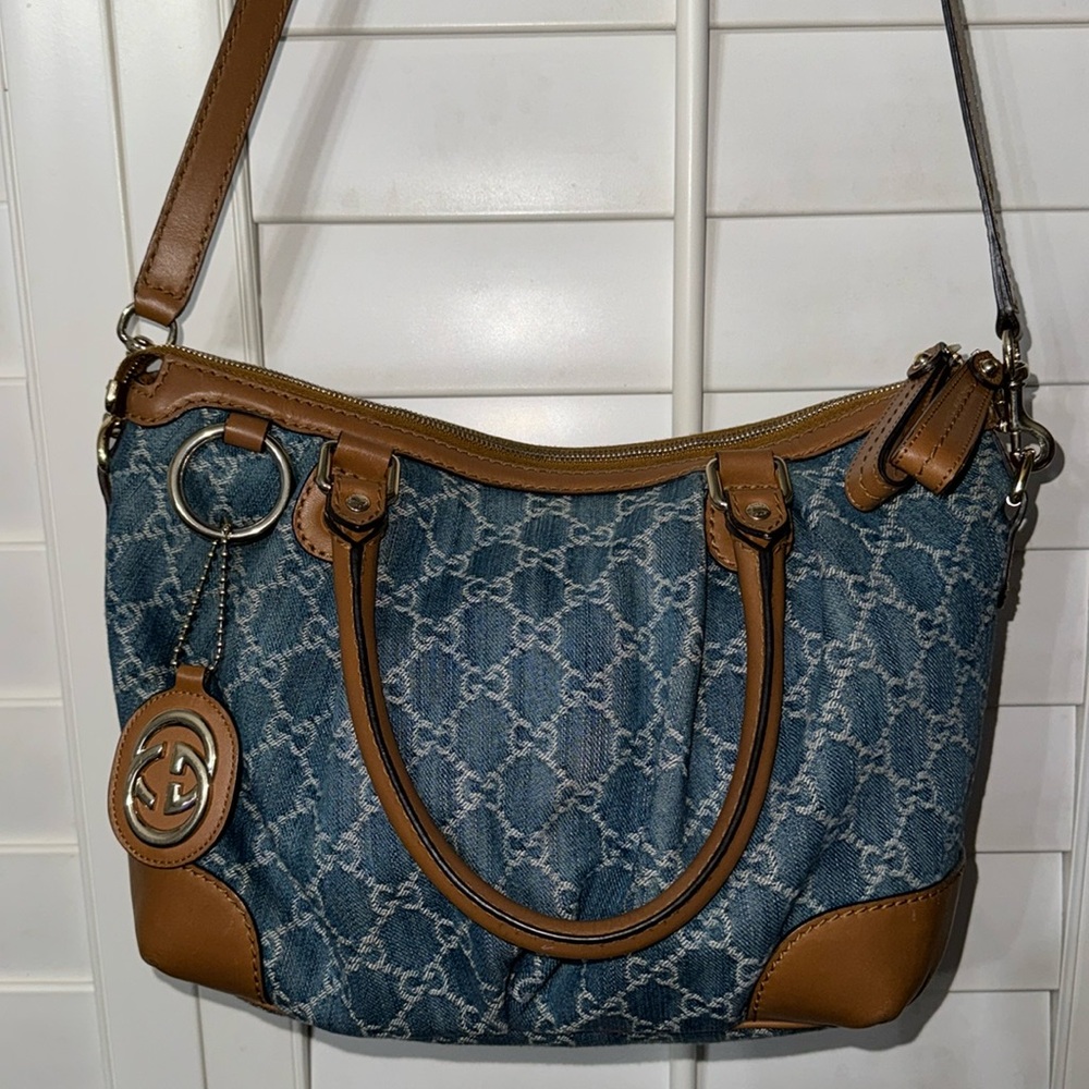 Gucci Blue Denim GG Monogram Tote with Brown Leather Trim